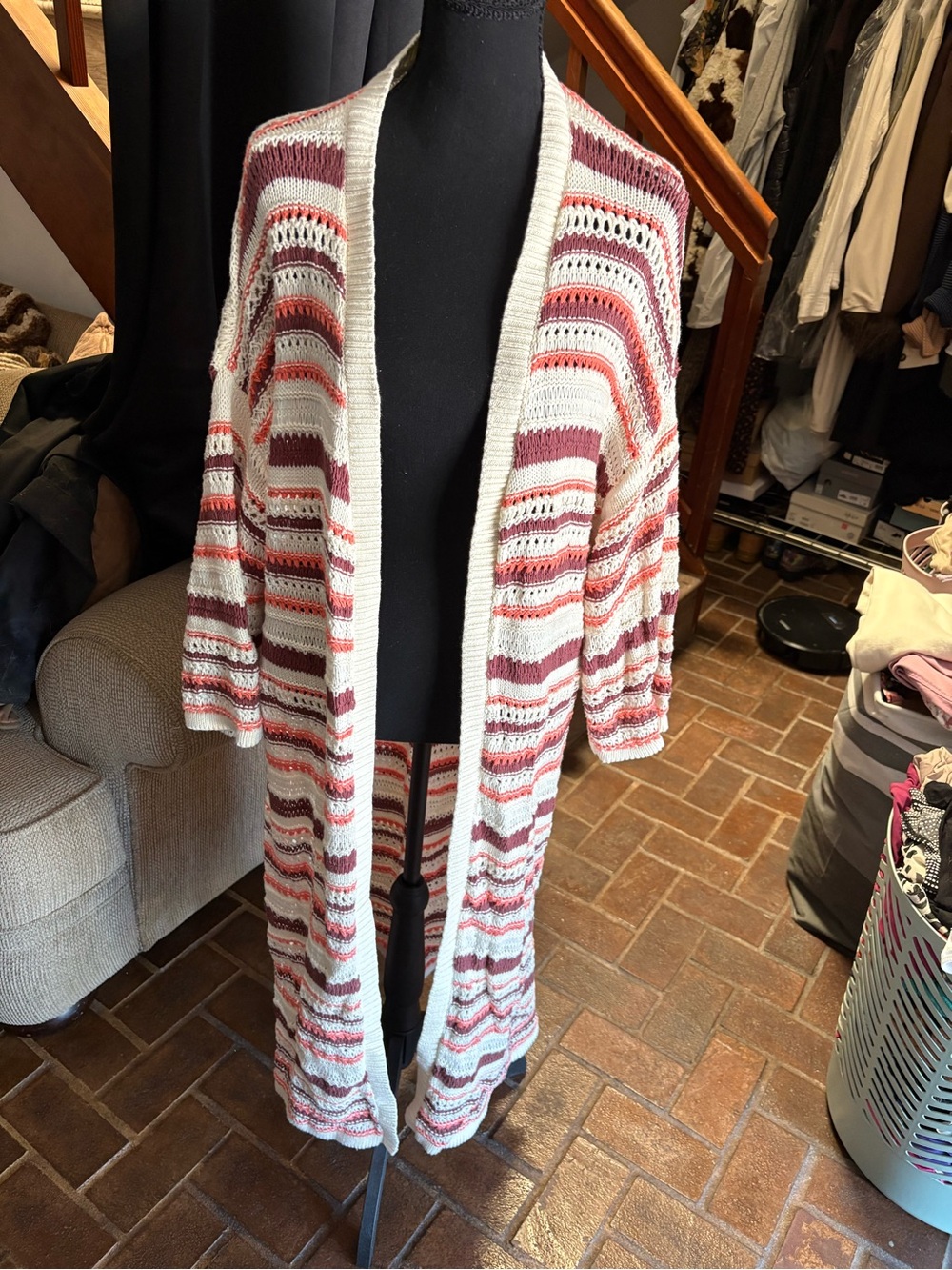 torrid Open-Front Striped Knit Cardigan in White, Rose & Coral